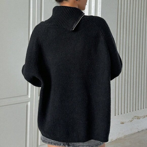 Black Casual Women's Loose High Collar Zip-Up Long Sleeve Street Knit Cardigan - Picture 2 of 7